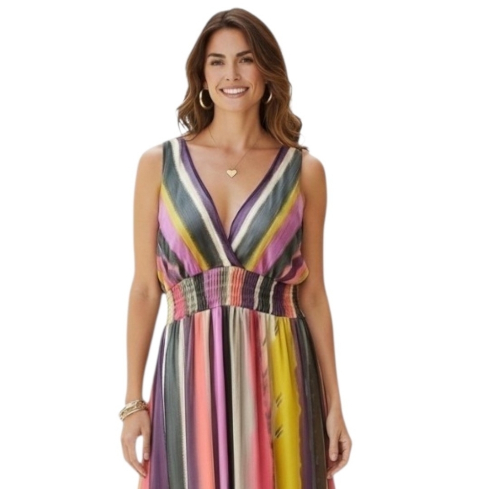 Chaundry KC XL Multicolor Sheer Stripe V-Neck Maxi - Picture 3 of 16